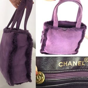 CHANEL SUEDE SHEARLING FUR MINI HANDBAG PURPLE